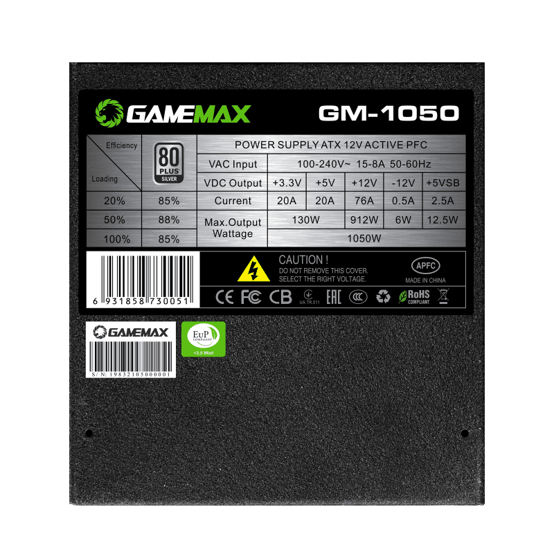 Fuente de Poder Gamemax 1050W GM-1050 ATX 80 Plus Silver