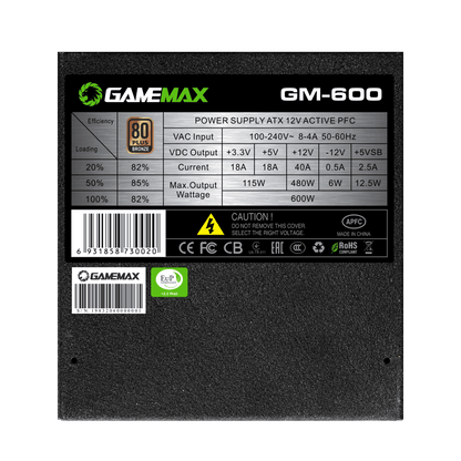Fuente de Poder GameMax GM-600 de 600W (Semi-Modular, Certificado 80+ Bronce, ATX)